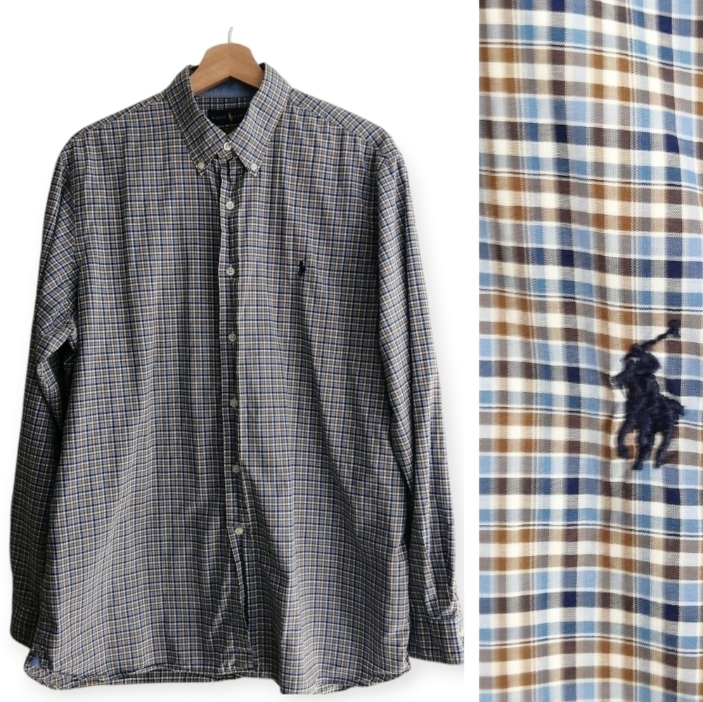 Ralph Lauren Men's Plaid Button Down 100% Cotton Blue White Brown Size Large